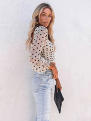 Square Neck Long Sleeves Pleated Polka Dot Top Mssza