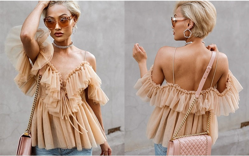 Strap Ruffles V Neck Off Shoulder Peplum Tops Mssza