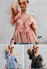 Strap Ruffles V Neck Off Shoulder Peplum Tops Mssza