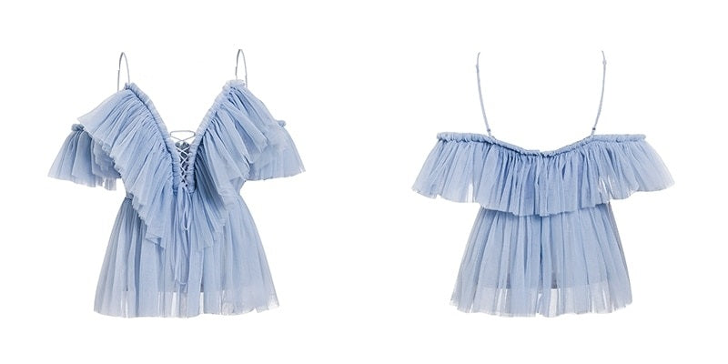 Strap Ruffles V Neck Off Shoulder Peplum Tops Mssza
