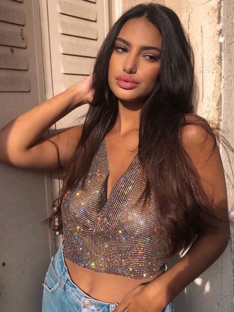 Stylish V-Neck Sequins Sleeveless Open Shoulder Sequined  Clubwear Top Mssza