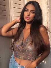 Stylish V-Neck Sequins Sleeveless Open Shoulder Sequined  Clubwear Top Mssza