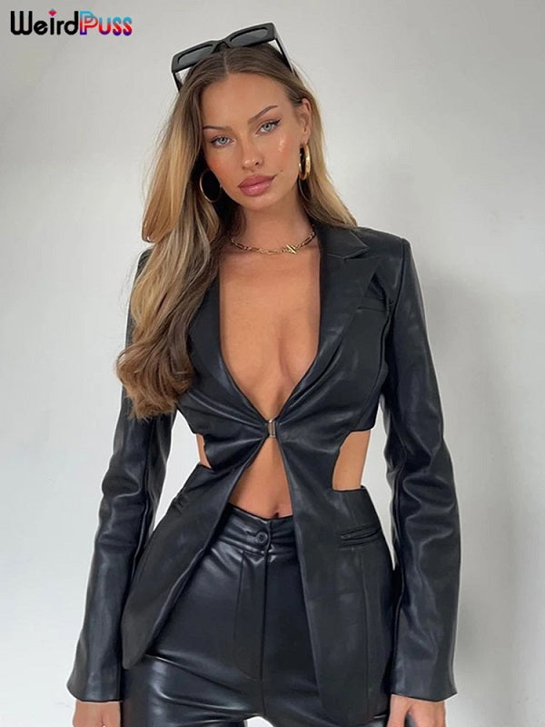 Top Long Sleeve Deep V-Neck PU T-Shirt Mssza