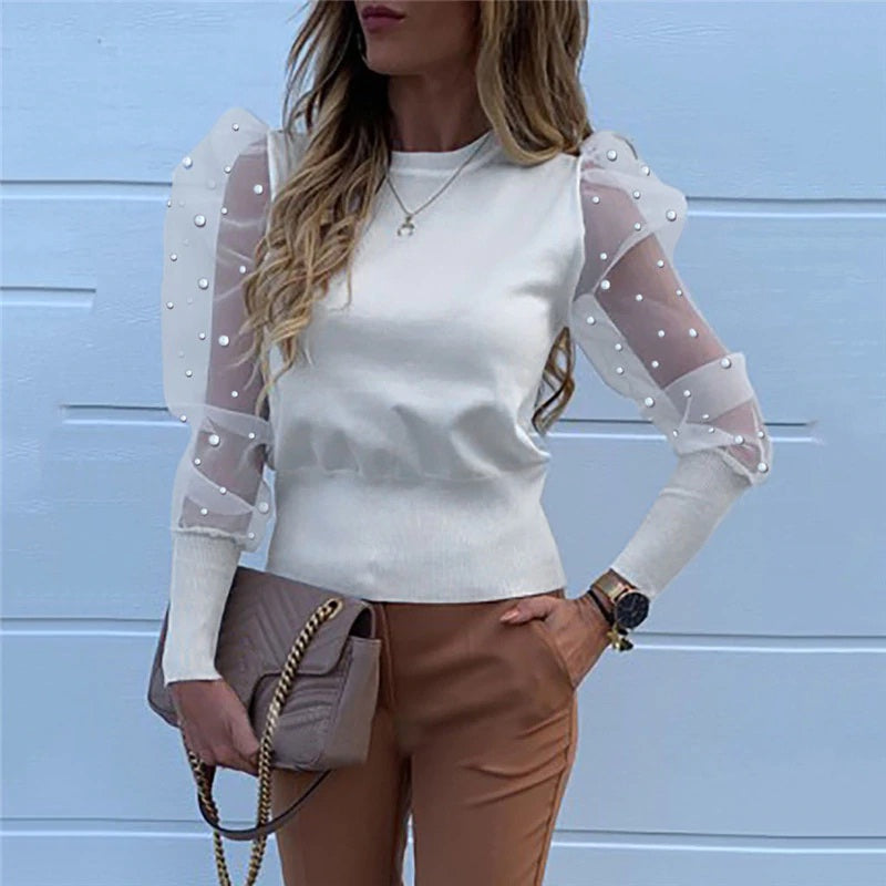 Transparent Lace Puff Sleeve Pearl Mesh Sheer Blouse Mssza