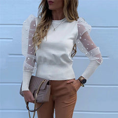 Transparent Lace Puff Sleeve Pearl Mesh Sheer Blouse Mssza