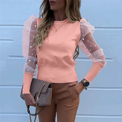 Transparent Lace Puff Sleeve Pearl Mesh Sheer Blouse Mssza