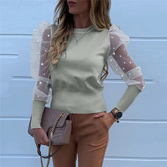 Transparent Lace Puff Sleeve Pearl Mesh Sheer Blouse Mssza