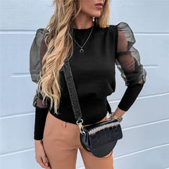 Transparent Lace Puff Sleeve Solid Mesh Sheer Blouse Mssza