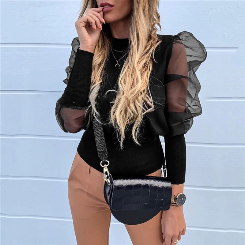Transparent Lace Puff Sleeve Solid Mesh Sheer Blouse Mssza