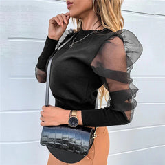 Transparent Lace Puff Sleeve Solid Mesh Sheer Blouse Mssza