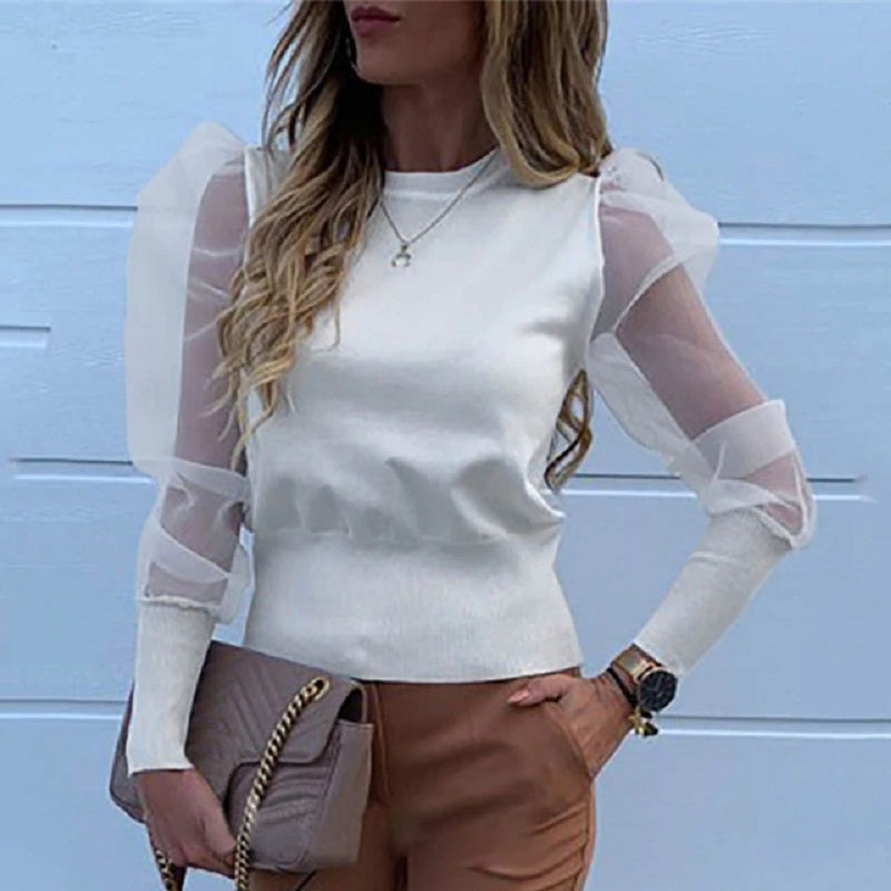 Transparent Lace Puff Sleeve Solid Mesh Sheer Blouse Mssza