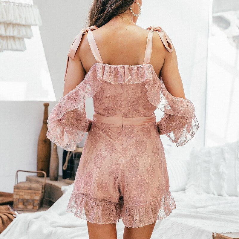 V-Neck Lace Up Short Ruffled Party Jumpsuit Mssza