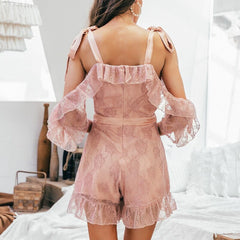 V-Neck Lace Up Short Ruffled Party Jumpsuit Mssza