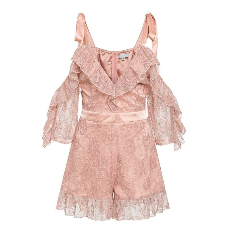 V-Neck Lace Up Short Ruffled Party Jumpsuit Mssza