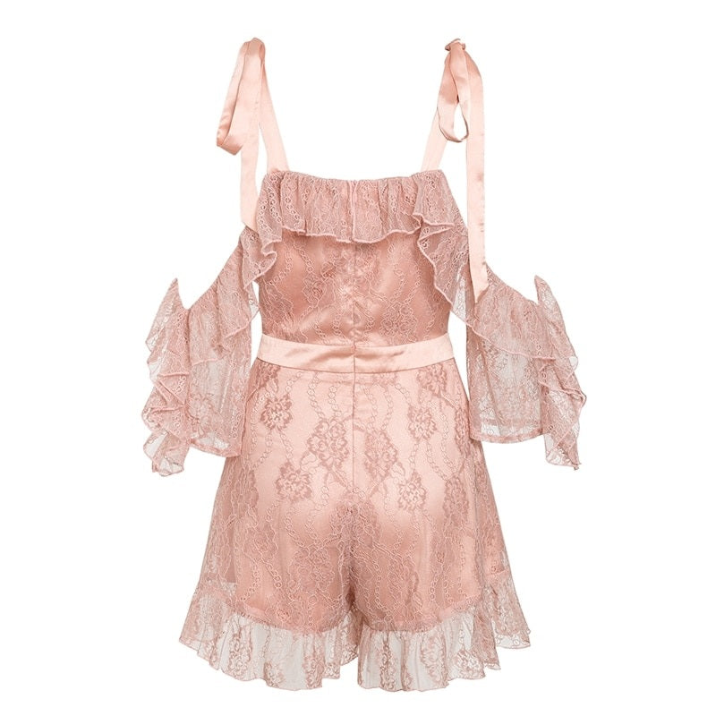 V-Neck Lace Up Short Ruffled Party Jumpsuit Mssza