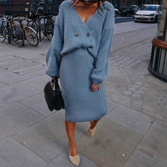 V-Neck Long Sleeve Knitted Sweater Dress Mssza