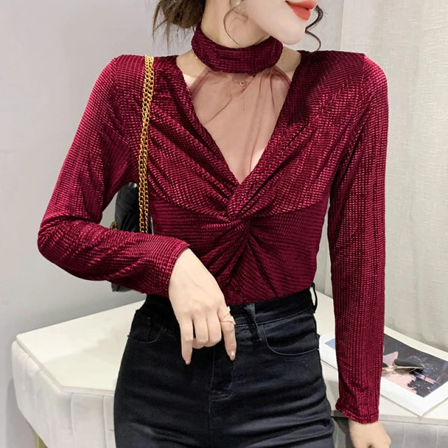V-Neck Velvet Patchwork Office Long Sleeve Shirt Mssza