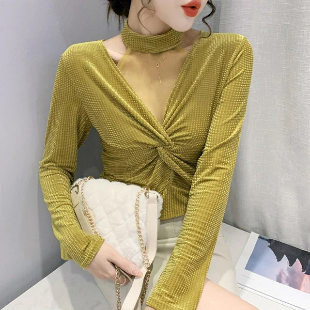 V-Neck Velvet Patchwork Office Long Sleeve Shirt Mssza