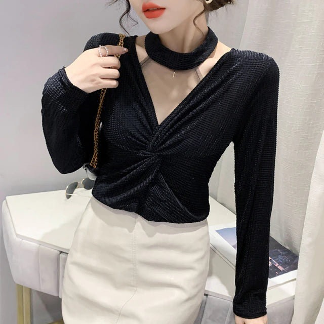 V-Neck Velvet Patchwork Office Long Sleeve Shirt Mssza