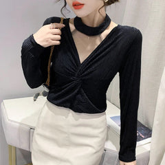 V-Neck Velvet Patchwork Office Long Sleeve Shirt Mssza