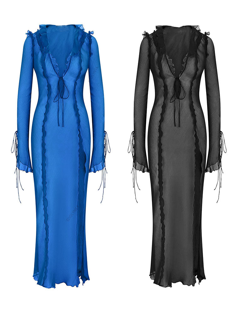 V neck Perspective Ruffle Drawstring Tight Maxi Dresses Mssaz Desses