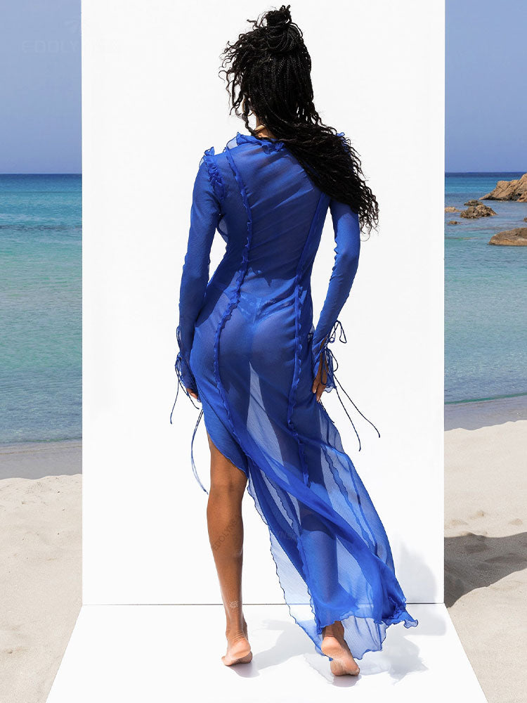 V neck Perspective Ruffle Drawstring Tight Maxi Dresses Mssaz Desses