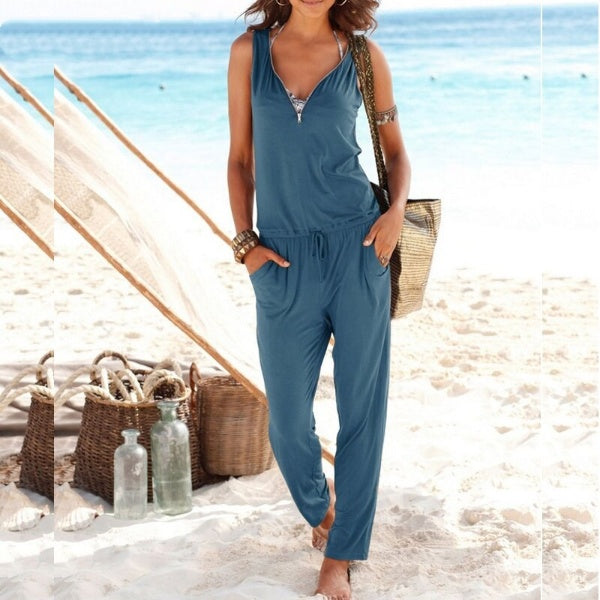 V-neck Zipper Sleeveless Rompers Mssza