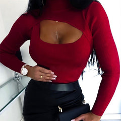 Wrap Turtle Neck Cut Off Patchwork Long Sleeve Blouse Mssza