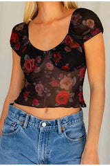 dark rose print mesh T-shirts Mssza