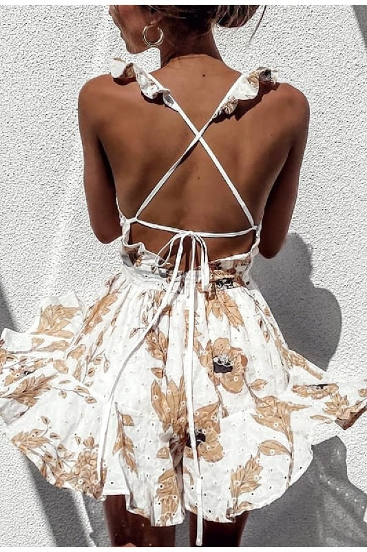 deep v-neck floral print Ruffled elegant high waist romper Mssza