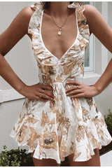 deep v-neck floral print Ruffled elegant high waist romper Mssza