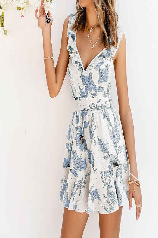 deep v-neck floral print Ruffled elegant high waist romper Mssza