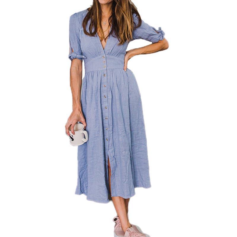 V neck plunge dress Side slit button up  dress bohemian dress midi vestidos mujer Mssaz Desses