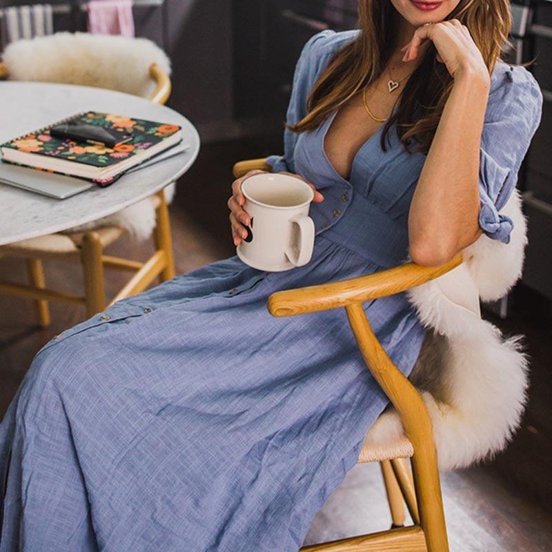V neck plunge dress Side slit button up  dress bohemian dress midi vestidos mujer Mssaz Desses