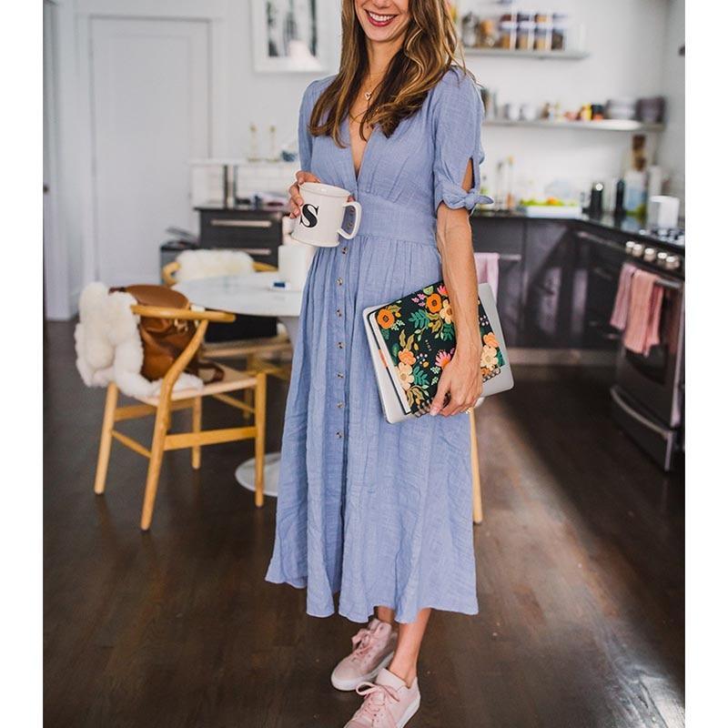 V neck plunge dress Side slit button up  dress bohemian dress midi vestidos mujer Mssaz Desses