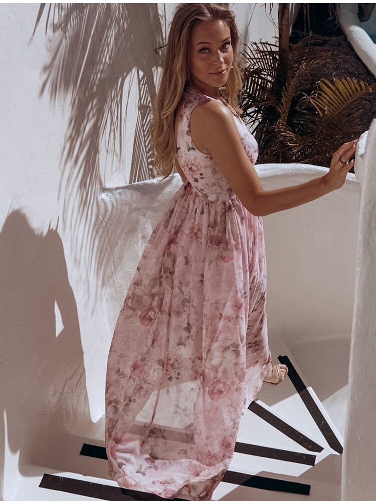 Chiffon V-neck Sleeveless Print Maxi Dress Mssaz Desses
