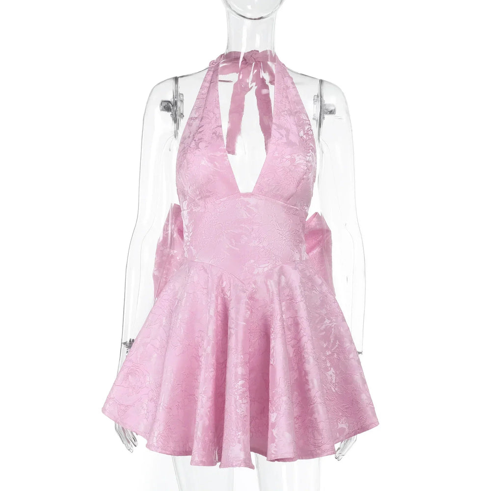 Bow Deep V Halter Backless A-line Dress Mssaz Desses