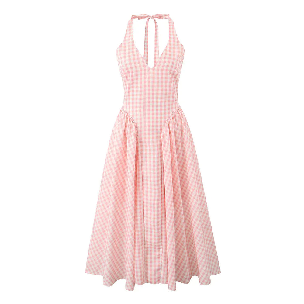 Pink White Plaid Bow Halter V Collar Midi Dress Mssaz Desses