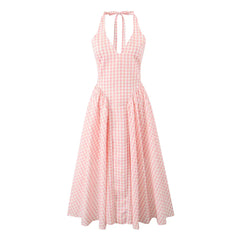Pink White Plaid Bow Halter V Collar Midi Dress Mssaz Desses
