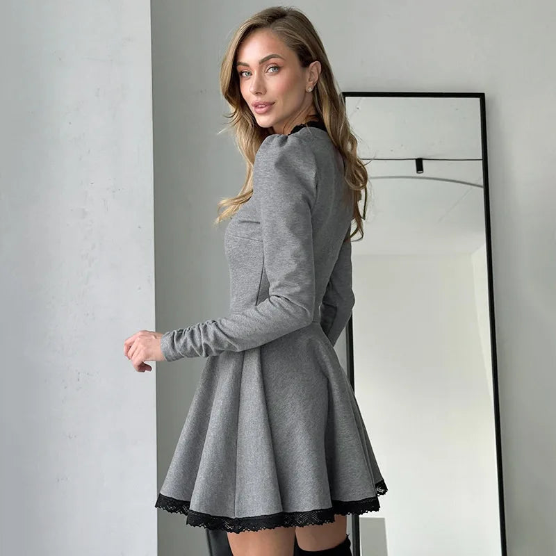 Patchwork Gray Long Sleeve A-line Mini Dress Mssaz Desses