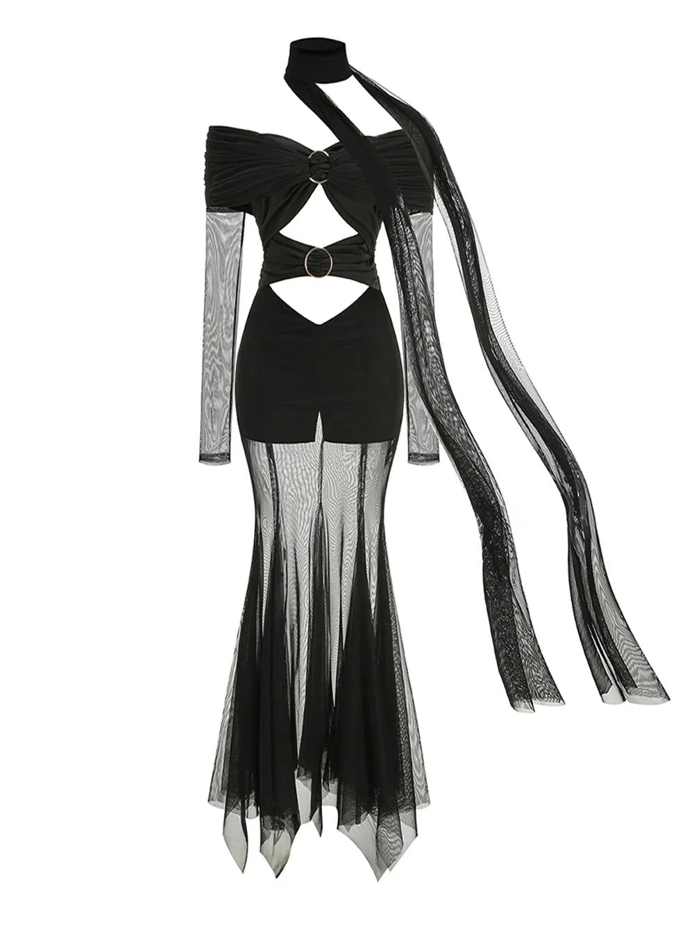 Off The Shoulder Mesh Folded Scarf Maxi Dress Mssaz Desses