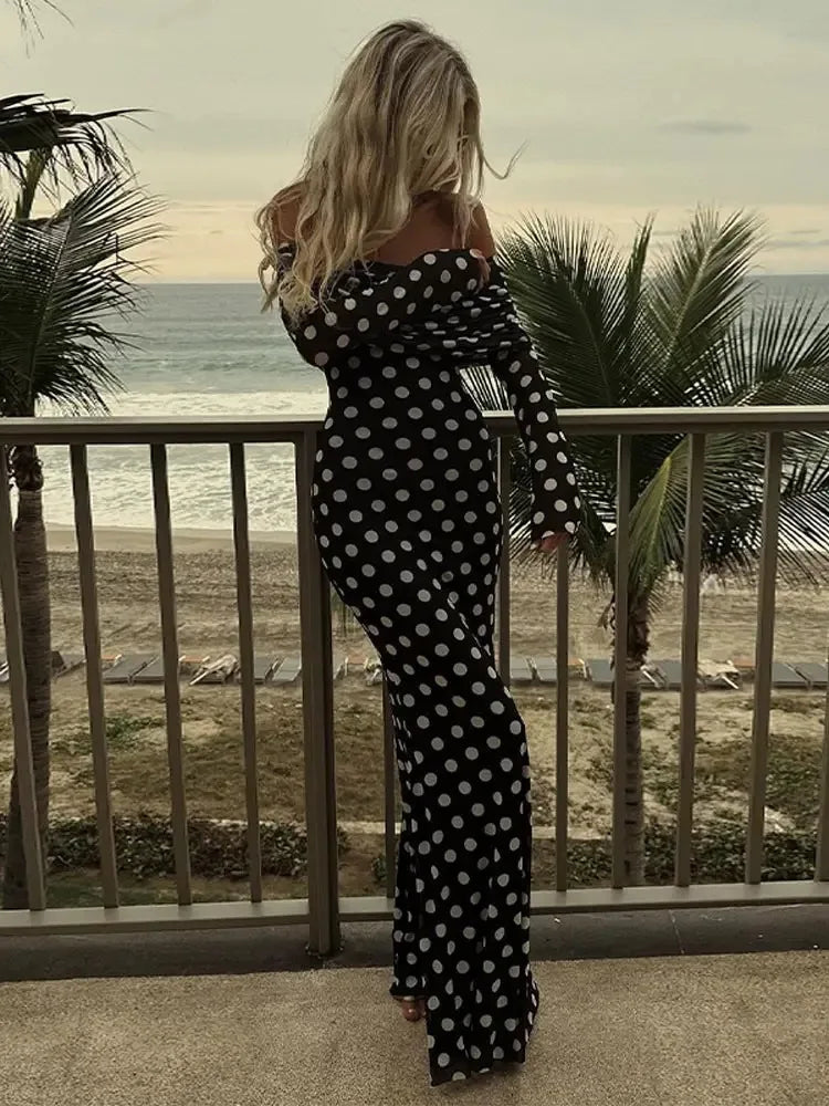 Polka Dots Off Shoulder Long Sleeves Maxi Dress Mssaz Desses