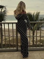 Polka Dots Off Shoulder Long Sleeves Maxi Dress Mssaz Desses