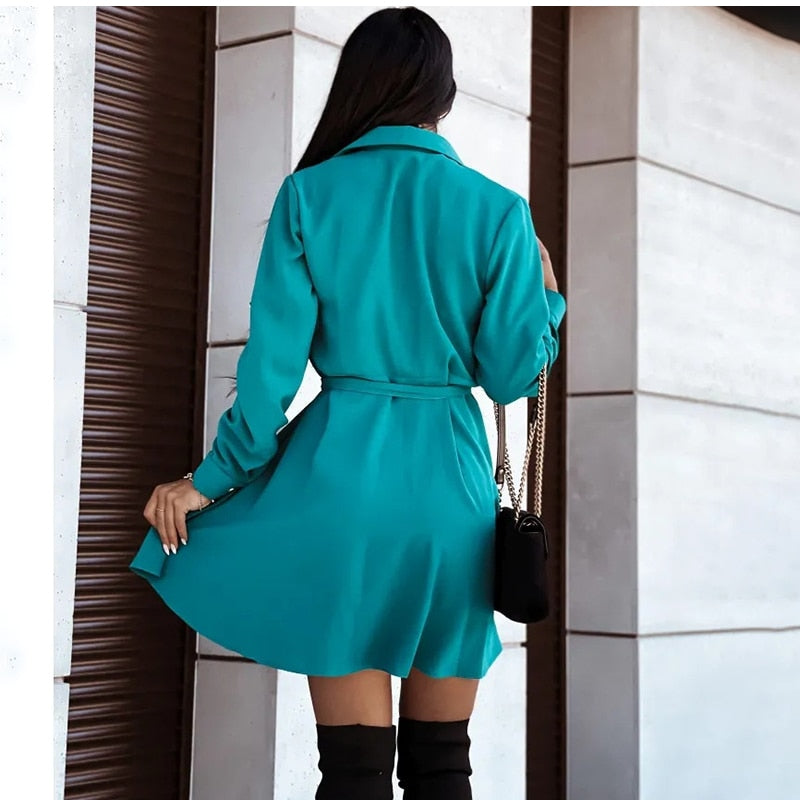 Causal Turn-down Collar Long Sleeve Lace Up Button Dress Mssaz Desses