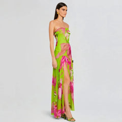 Strapless Retro Print Split Long Dress Mssaz Desses