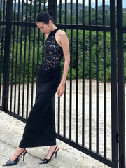 Halter Neck Lace Patchwork Black Maxi Dress Mssaz Desses