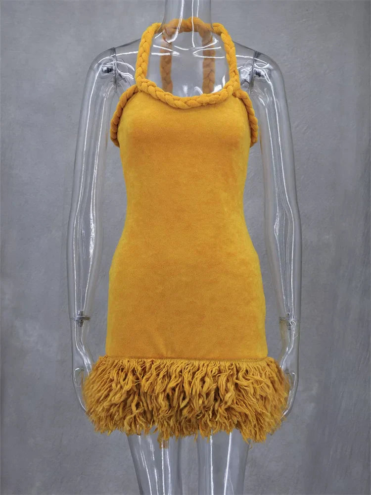 Fluff Patchwork Halter Mini Dress Mssaz Desses