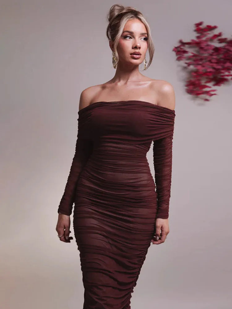 Off-shoulder Slash Neck Solid Maxi Dress Mssaz Desses