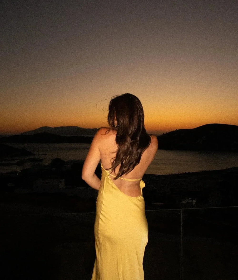Backless Satin Slant Shoulder Solid Slit Long Dress Mssaz Desses