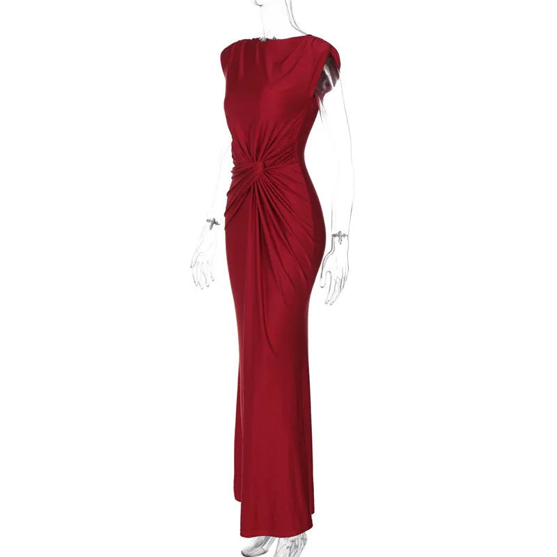 Solid Boat Neck Twist Knot Long Dress Mssaz Desses